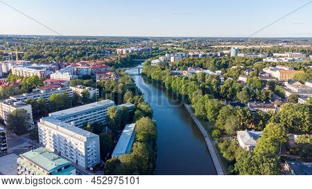 Summer Aerial View Of Sunset Over Aurajoki In Turku, Finland.