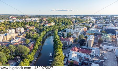Turku, Finland - August 4, 2021: Aerial View On Sunset Over Aurojoki In Turku.