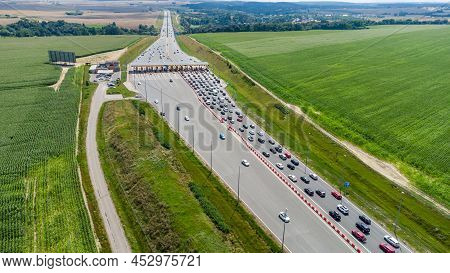 Rusocin, Poland - July 31, 2021: Aerial View On Traffic Jam On The Road To Toll Station On Highway A