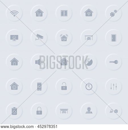 Smart Home Gray Vector Icons On Round Rubber Buttons. Smart Home Icon Set For Web, Mobile Apps, Ui D