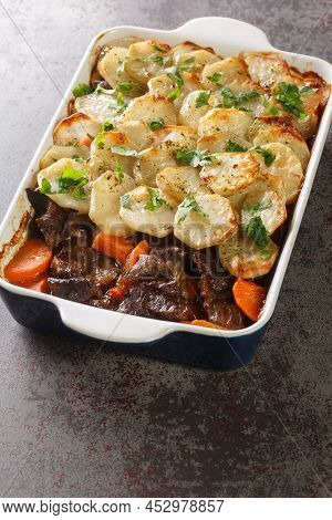 Homemade Lancashire Hotpot A Stew Consists Of Lamb, Onion, Carrot, Worcestershire Sauce, Topped With