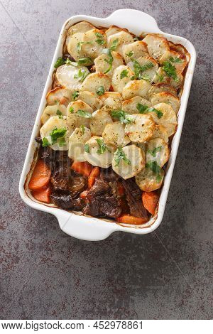 Homemade Lancashire Hotpot A Stew Consists Of Lamb, Onion, Carrot, Worcestershire Sauce, Topped With