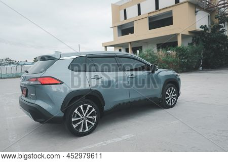 Samut Prakan, Thailand - April 16, 2022 : All-new Toyota Corolla Cross Car With 1.8 Litre Hybrid Eng