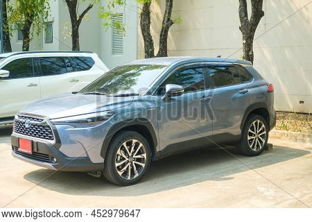 Samut Prakan, Thailand - April 16, 2022 : Toyota Corolla Cross, Celestite Gray Metallic. The Latest 