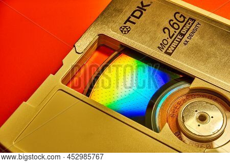 Ryazan, Russia - April 16, 2022: Magneto-optical Disc Tdk. Recording Surface Of Mo Disc