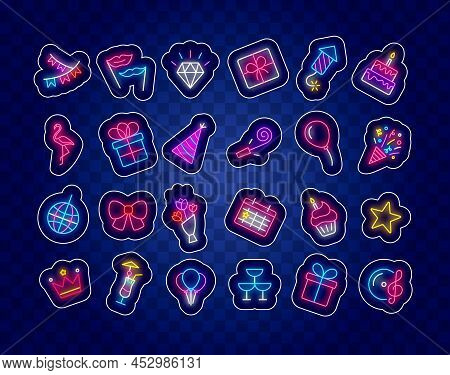 Birthday Neon Stickers Collection. Holiday Celebration Patches Pack. Social Media Badge Set. Diamond