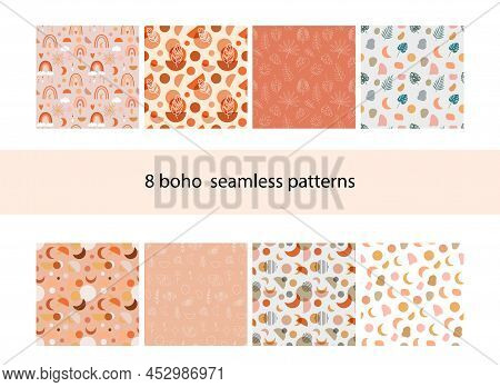 Bohemian Seamless Patterns Collection. Kid Nursery Decoration. Feather, Rainbow And Monstera Design.