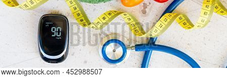 Raw Vegetables With Blood Glucose Meter And Stethoscope, , Diabetes Healthy Diet Concept