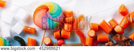 Sweets And Candies With Sugar, Flat Lay With Copy Space