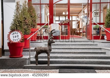 Beautiful Deer Figure Stands On Steps At Entrance Of Chalet Restaurant