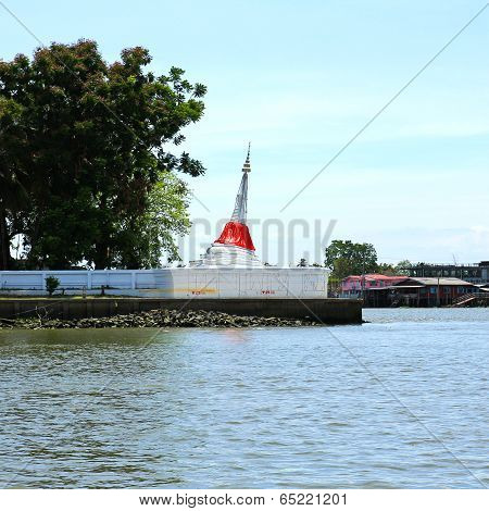 White Slant Pagoda Located At River Side At Koh Kret ,nonthaburi ,thailand.