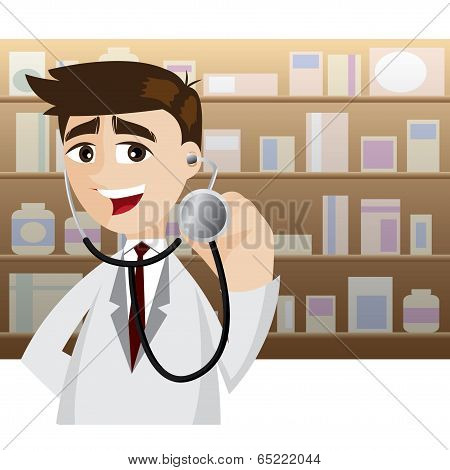 Cartoon Doctor In Action Using Stethoscope