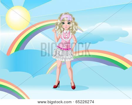 Cute Cartoon Girl on Blue Sky Background