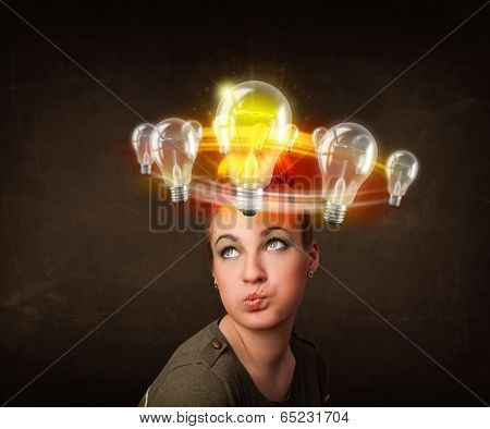 Preety woman with light bulbs circleing around her head 
