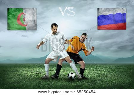 Soccer players stay at field. Game between two national teams.