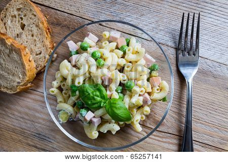 Pasta Salad In A Glass Bowl On Wood