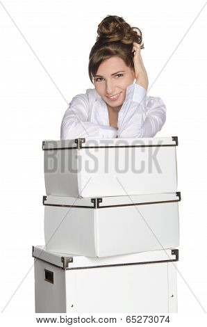 Young Woman Leaned White Boxes