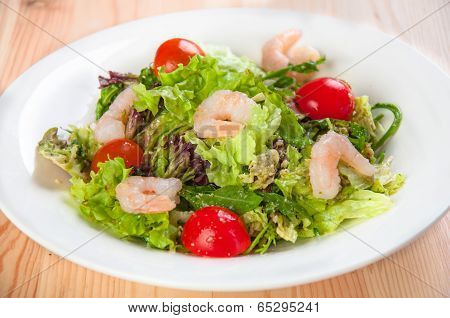 Fresh salad with seefood and tomatoes on the plate