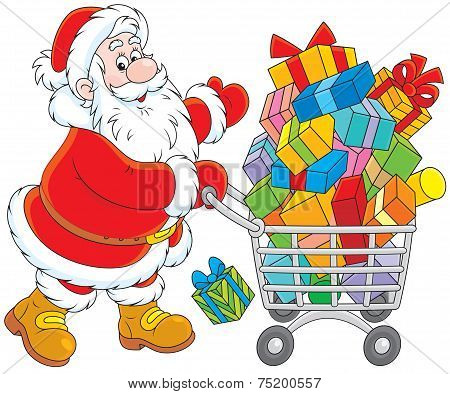 Santa with a shopping cart of gifts
