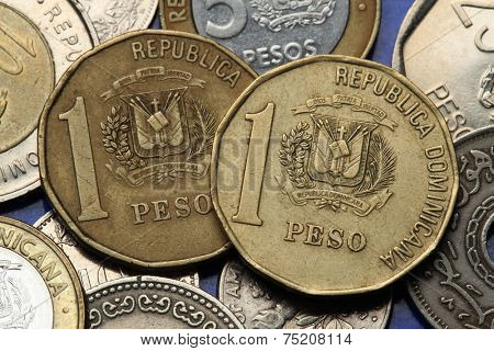 Coins of the Dominican Republic. Dominican national coat of arms depicted in the Dominican one peso coins.