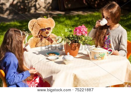 Little Sisters Having English Breakfast With Teddy Bear At Yard