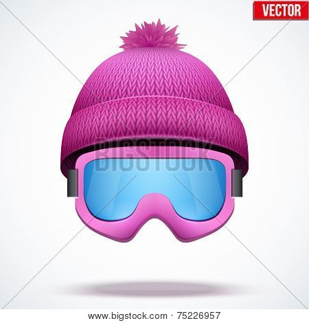 Knitted woolen cap with snow goggles. Winter seasonal sport hat. vector illustration