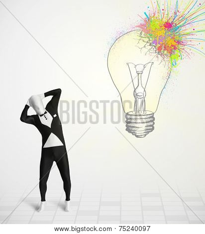 3d human character is body suit morphsuit looking at abstract colorful lightbulb