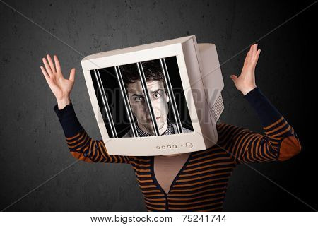 Business man with monitor screen on his head traped into a digital system concept