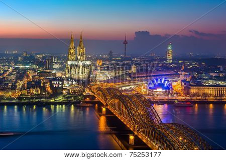 Aerial view on Cologne at dusk