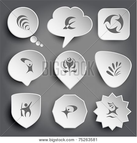 pyramid, monetary sign, recycle symbol, abstract little man, rose, plant, deer. White vector buttons on gray.