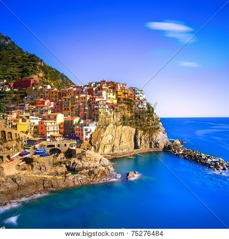 Manarola Village, Rocks And Sea At Sunset. Cinque Terre, Italy