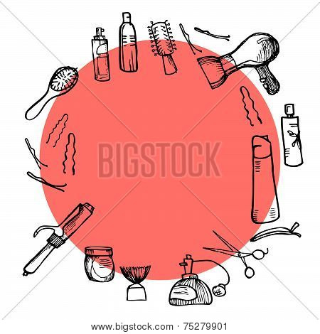Hand drawn illustration - Hairdressing tools (scissors, combs, styling). Vector