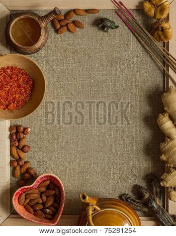 Nuts, saffron and incense with a copy space