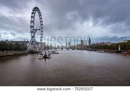 Rainy Weather Over River Thames, Westminster Palace And London Skyline, United Kingdom