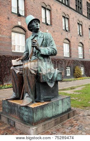 Monument to Hans Christian Andersen against Town Hall building in Copenhagen, Denmark. The monument was erected in 1954-61