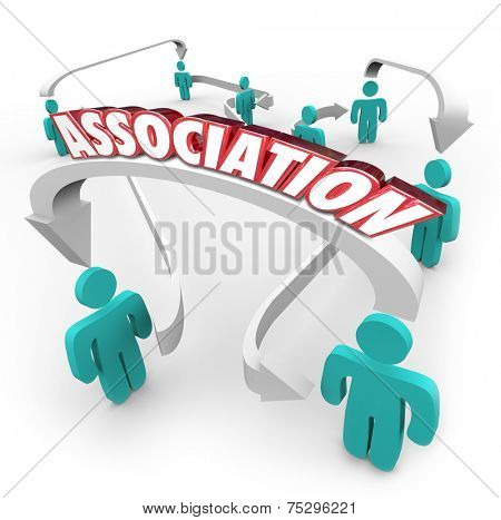 Association word on arrows connecting people in a group, organization, club, community, society, league, team or guild