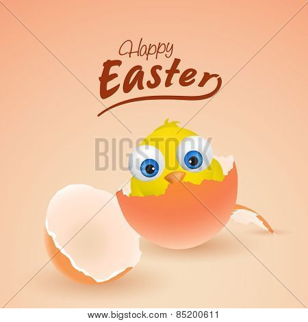 Happy Easter celebration with cute chick coming out from egg, can be used as greeting or invitation card design.