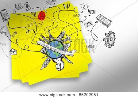 Business and global travel doodles against sticky note with red pushpin