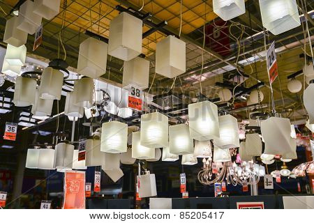 MOSCOW, RUSSIA - March 23, 2015: Chandeliers of the Leroy Merlin Store. Leroy Merlin is a French hom