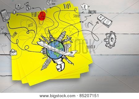 Business and global travel doodles against sticky note with red pushpin
