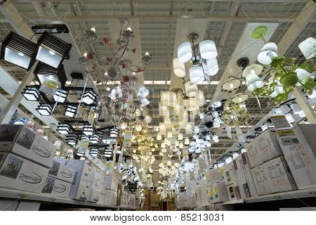 Moscow, Russia - March 3, 2015 Chandeliers Of The Leroy Merlin Store. Leroy Merlin Is A French Home-