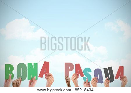 Hands holding up bona pasqua against blue sky