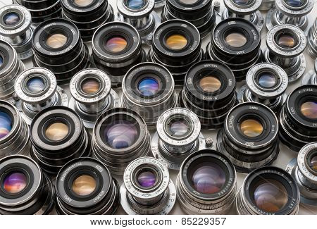 MOSCOW, MARCH 3: Soviet rangefinder m39 lenses on March 3, 2015 in Moscow. These lenses are made in the 50-80's are still popular among photographers who use it  with digital cameras