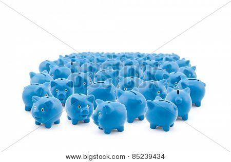 Large group of blue piggy banks