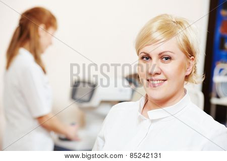 Opphthalmology. Female optometrist optician doctor portrait in eye medic clinic 