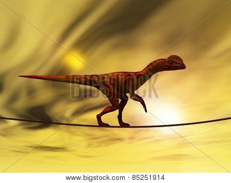 Concept or conceptual abstract business metaphor as wild heavy dinosaurus balancing on rope over sunset sky background