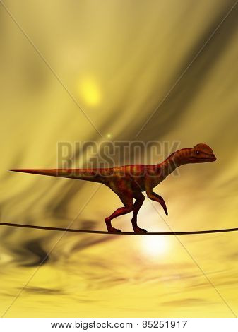 Concept or conceptual abstract business metaphor as wild heavy dinosaurus balancing on rope over sunset sky background
