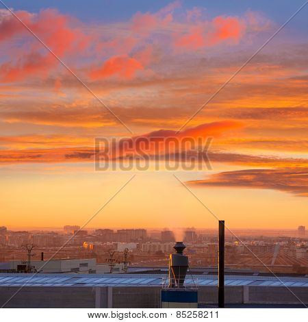Industrial chimney at sunrise in Paterna Valencia at Spain