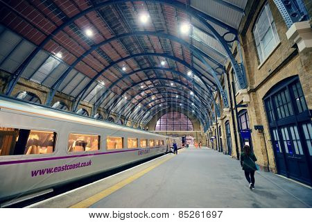 LONDON, UK - SEP 27: Kings Cross railway station interior on September 27, 2013 in London, UK. Opened in 1852, it is the southern terminus of the East Coast Main Line.