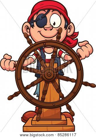 Pirate boy at the rudder. Vector clip art illustration with simple gradients. All in a single layer. 